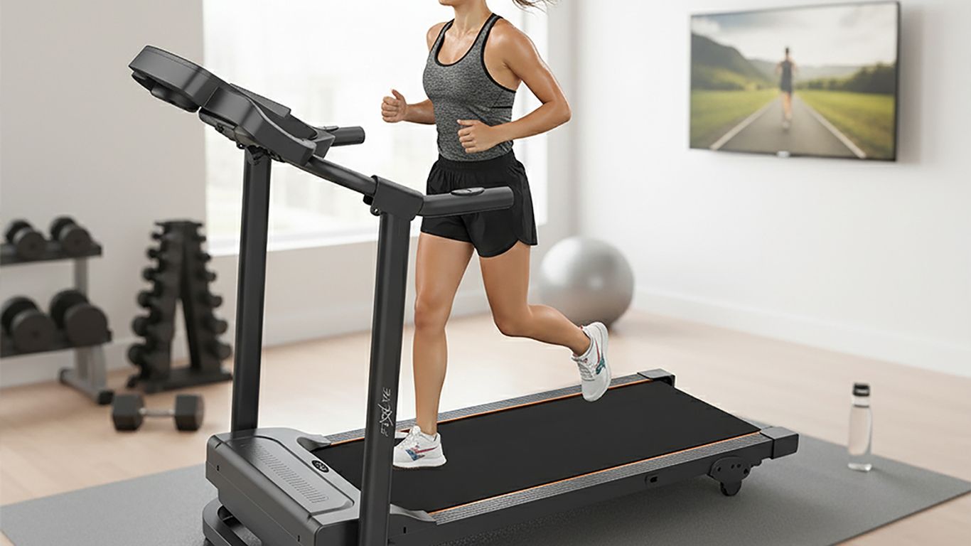 A person runs on a treadmill in a home gym.