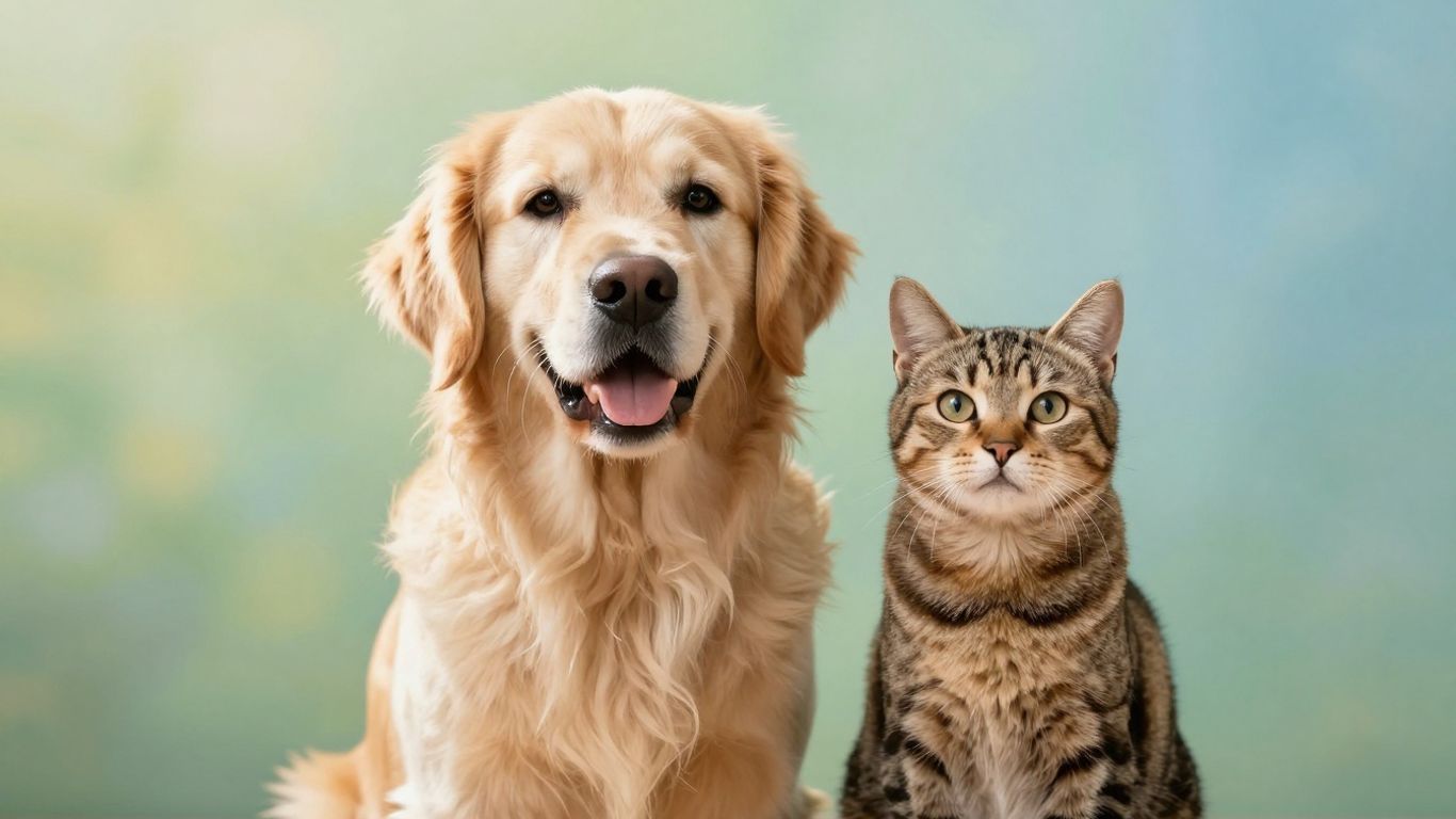 Golden retriever and tabby cat looking at camera.