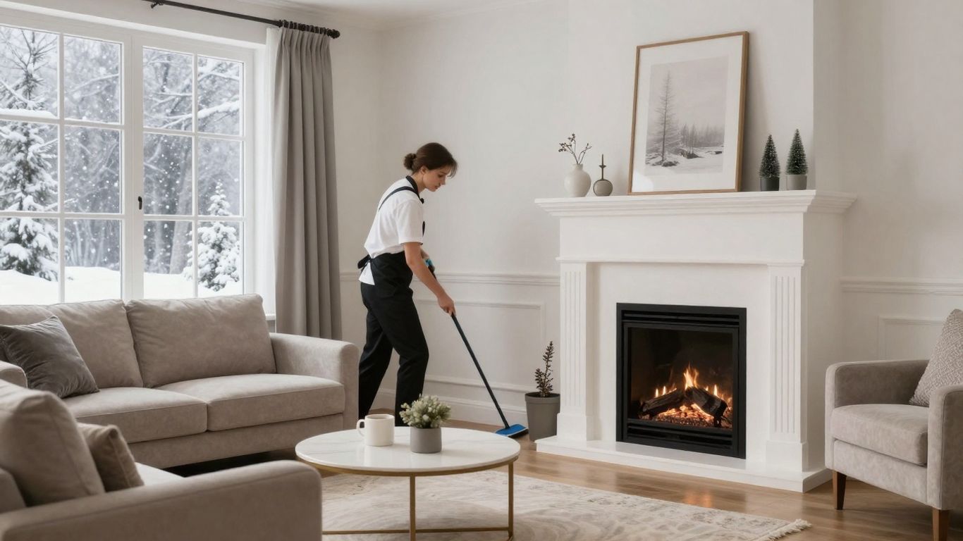 Cozy, clean winter living room with professional cleanup crew.