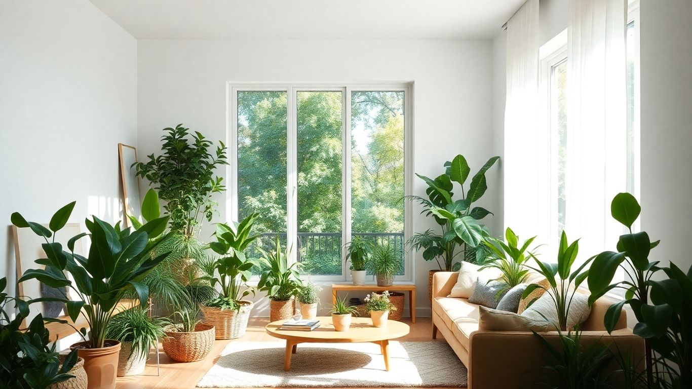Interior cu plante, lemn și lumină naturală.