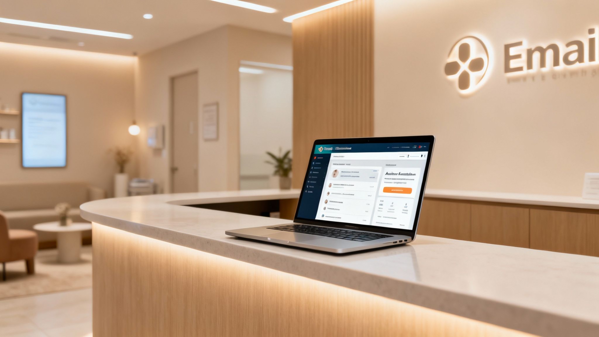 Aesthetic clinic reception with a laptop open.