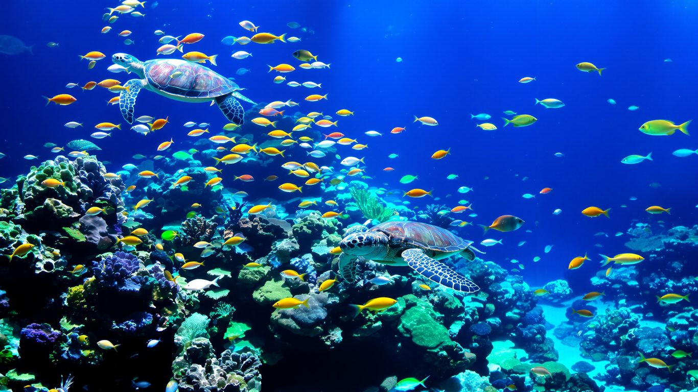 Colorful fish and sea turtle in a large aquarium tank.