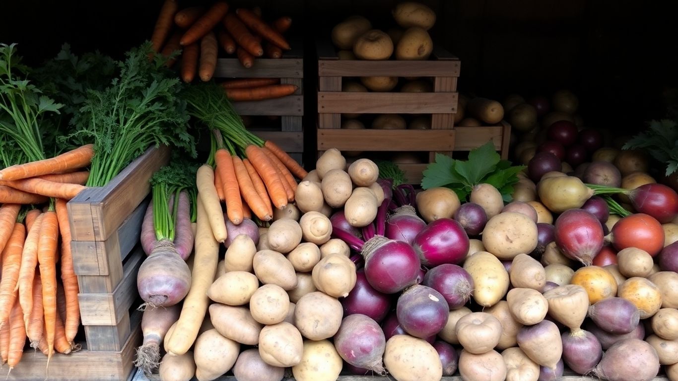 Wurzelgemüse in Holzkisten gelagert