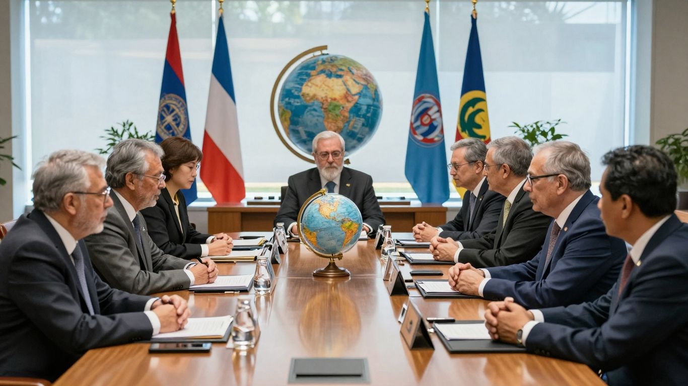 Lideri mondiali discutând la o masă globală.