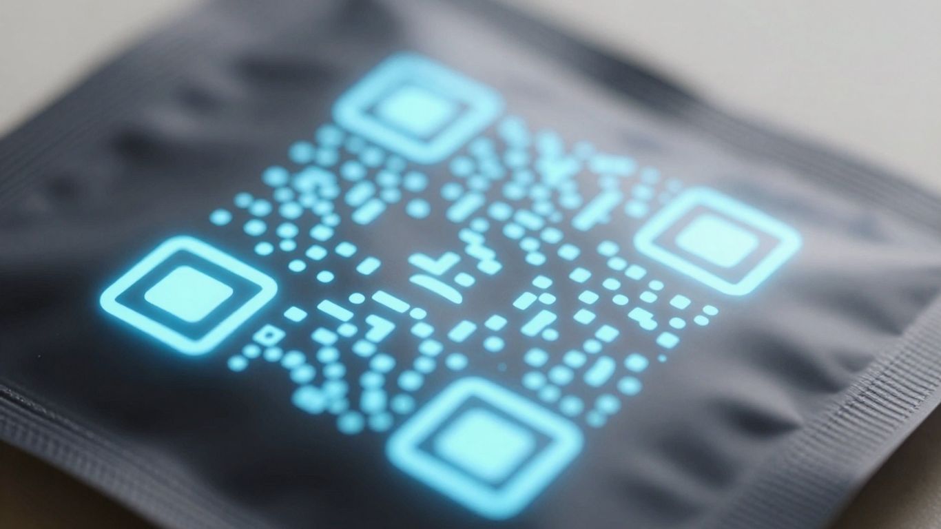 Product packaging with a digital QR code element.
