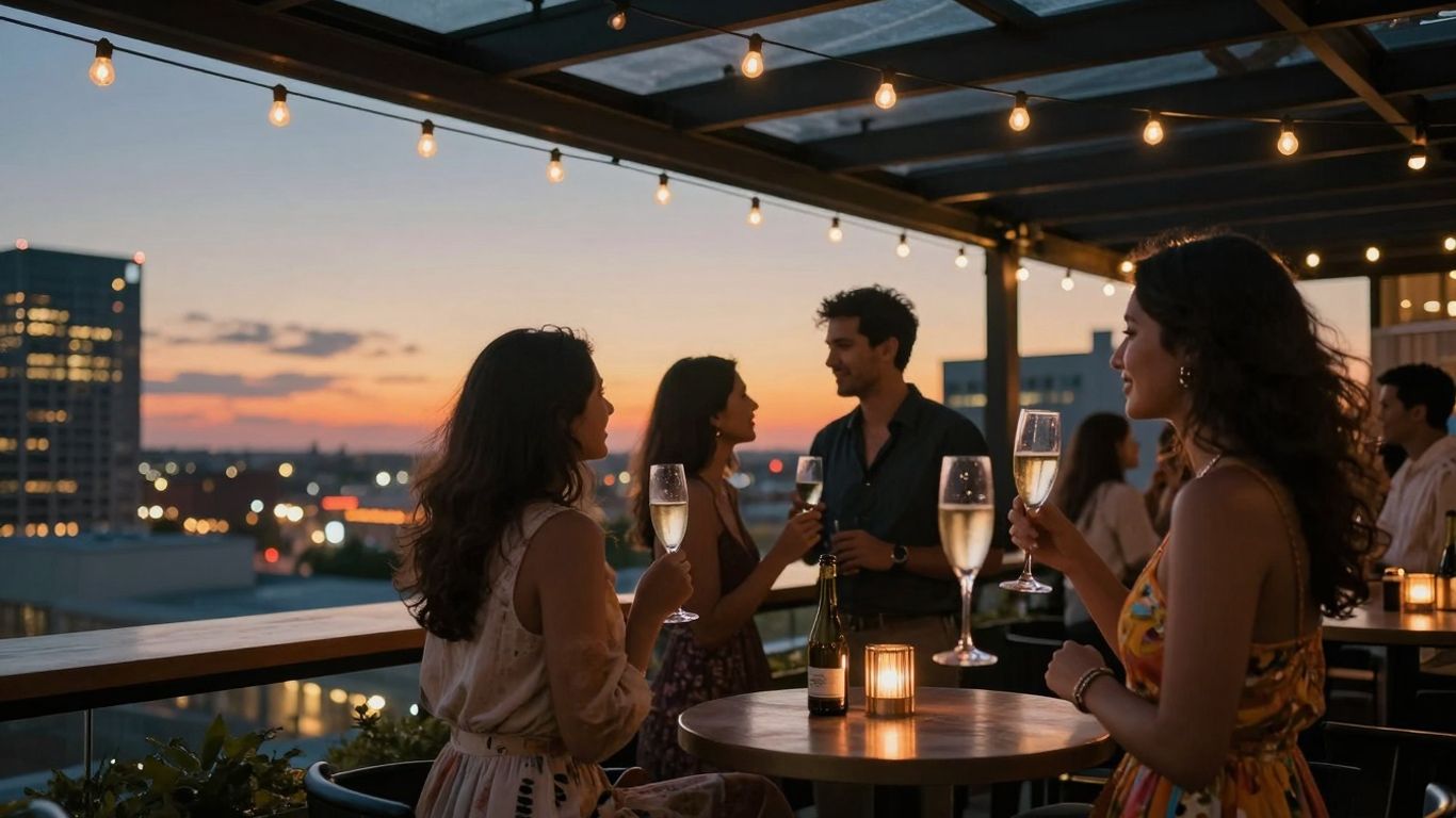 Dallas rooftop celebration at sunset with city lights.