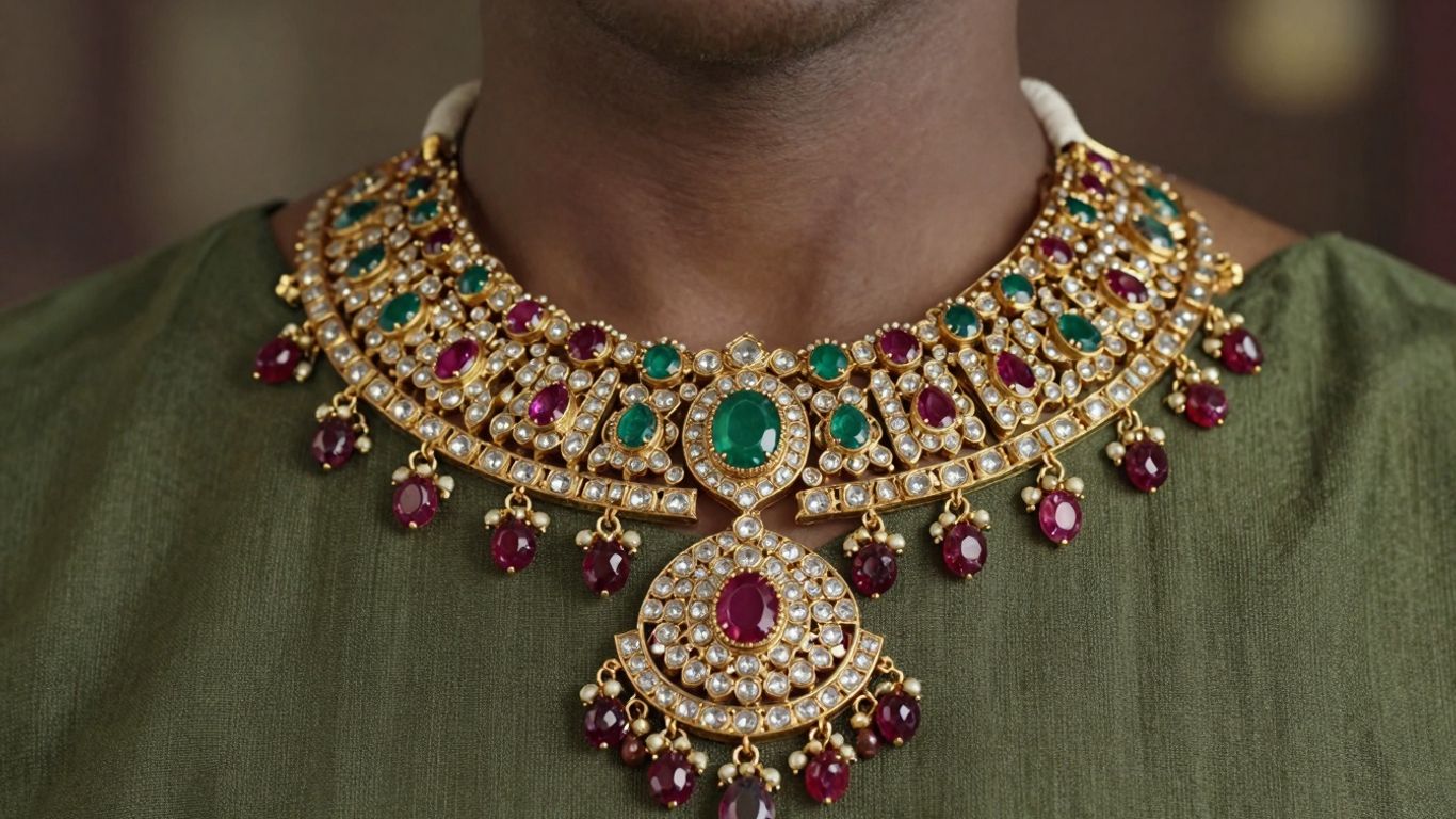 Elegant Kundan necklace set with uncut diamonds and gemstones.