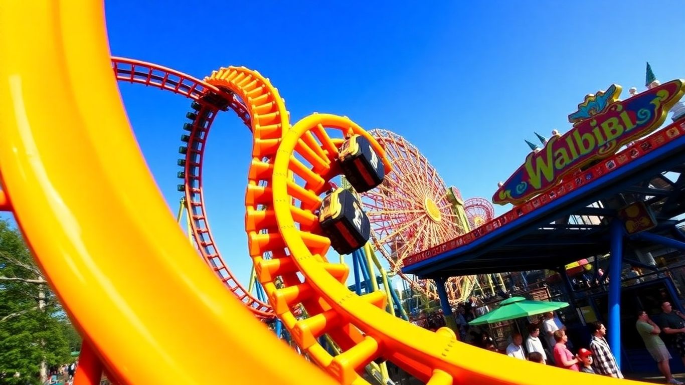 Parc d'attractions Walibi Belgique avec montagnes russes et manèges.