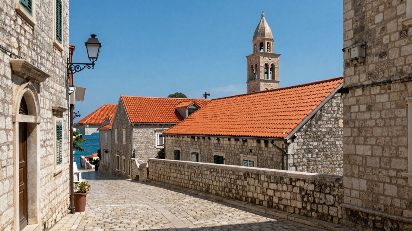 Străzi istorice din Croația cu arhitectură veche și marea.