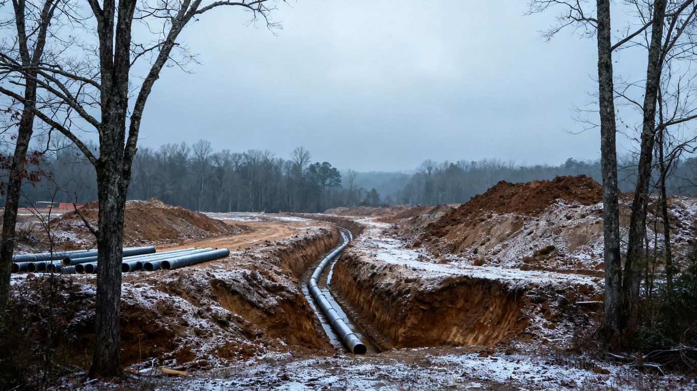 Winter build site with grading and drainage in Chattooga County.