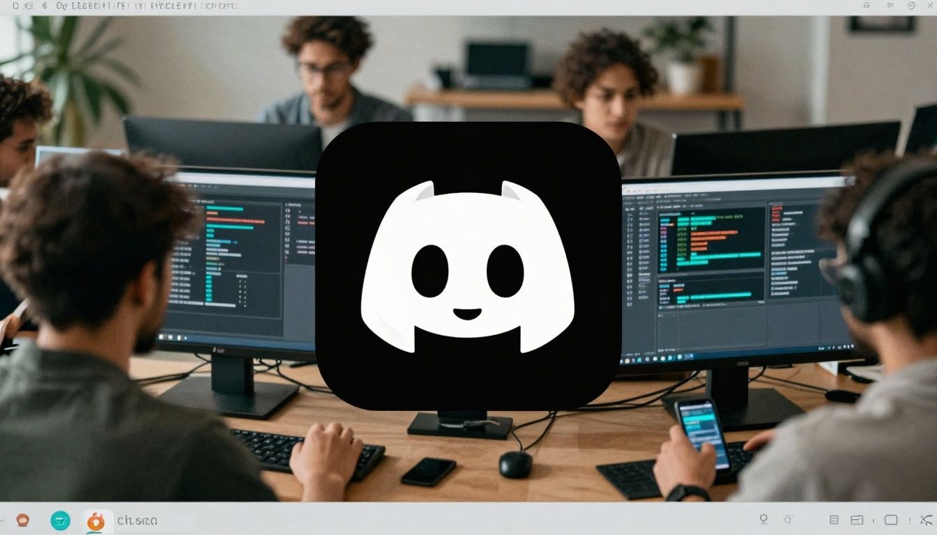 Logo do Discord em destaque, com pessoas usando computadores e smartphones em um ambiente de troca online