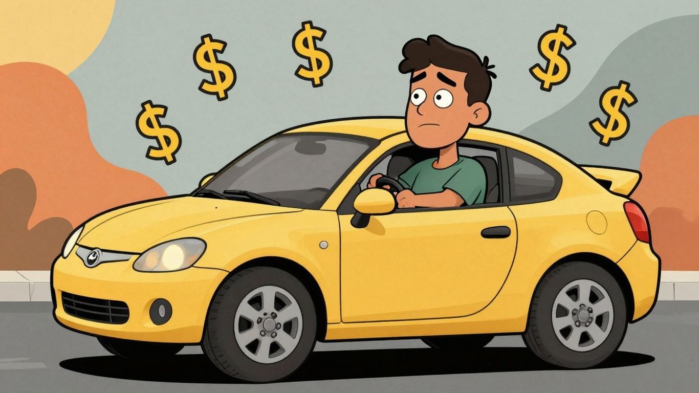 Cartoon car with dollar signs and a person.