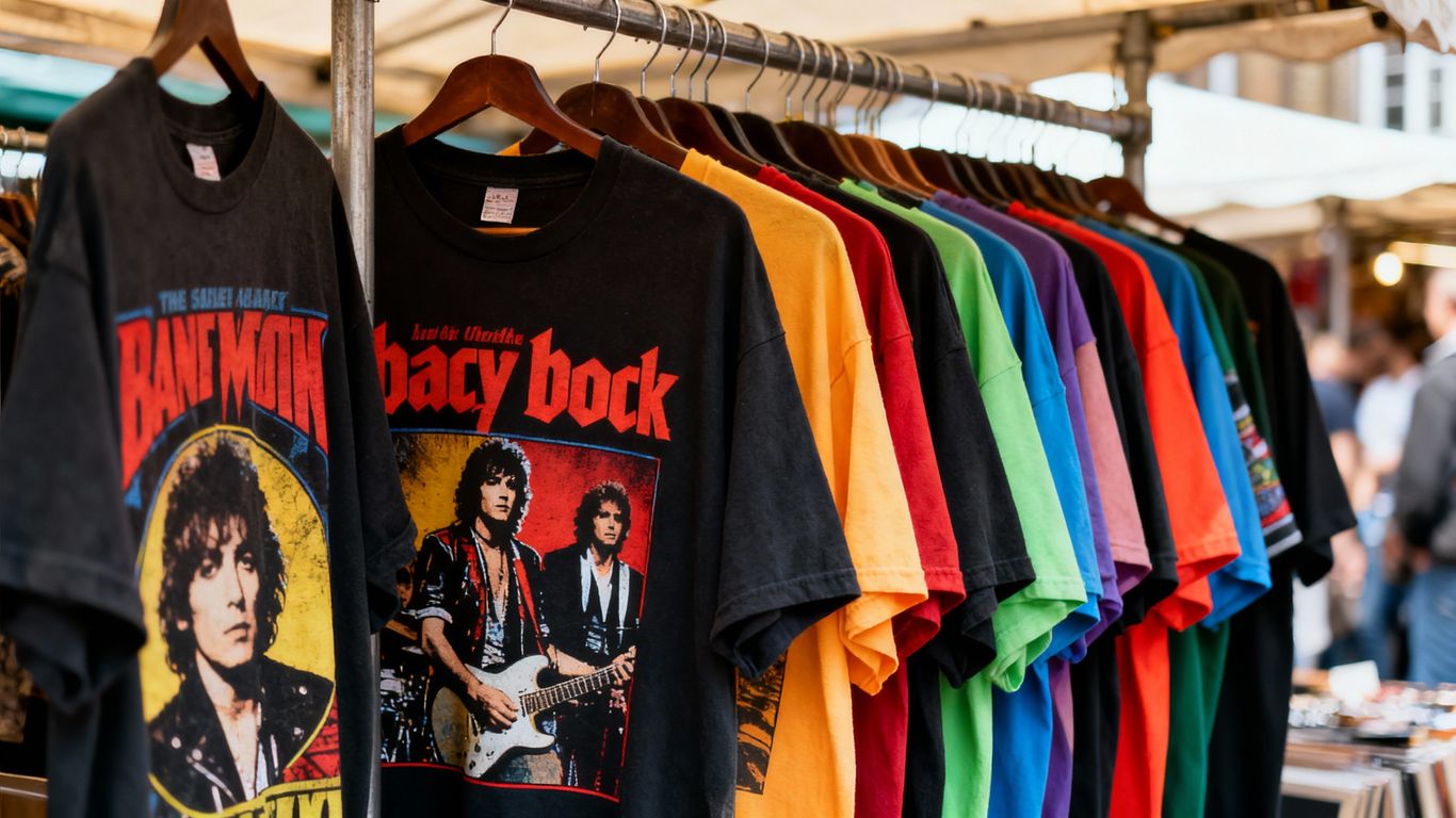 London band t-shirts displayed at a market stall.
