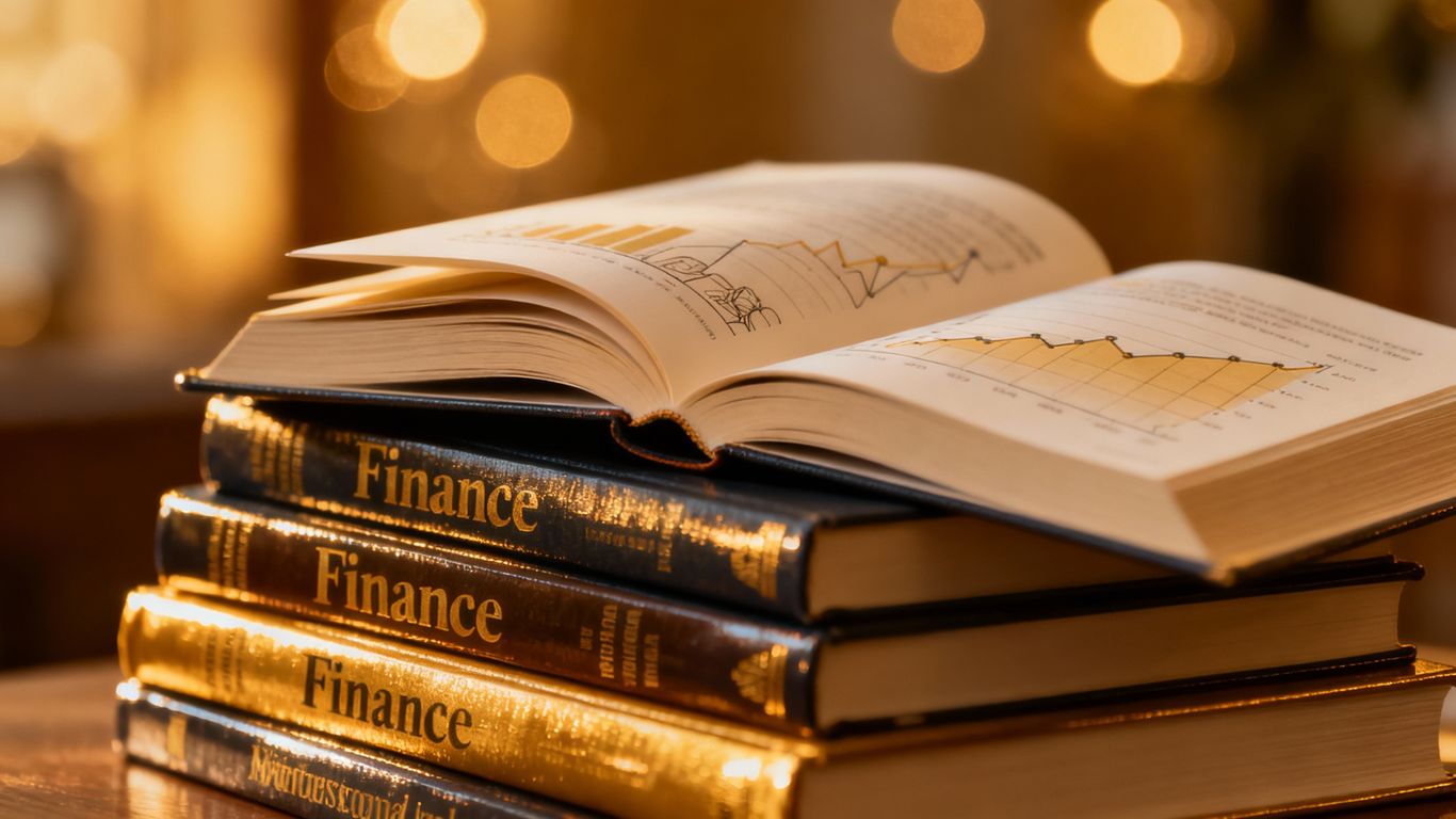 Stack of best-selling finance books with warm lighting.