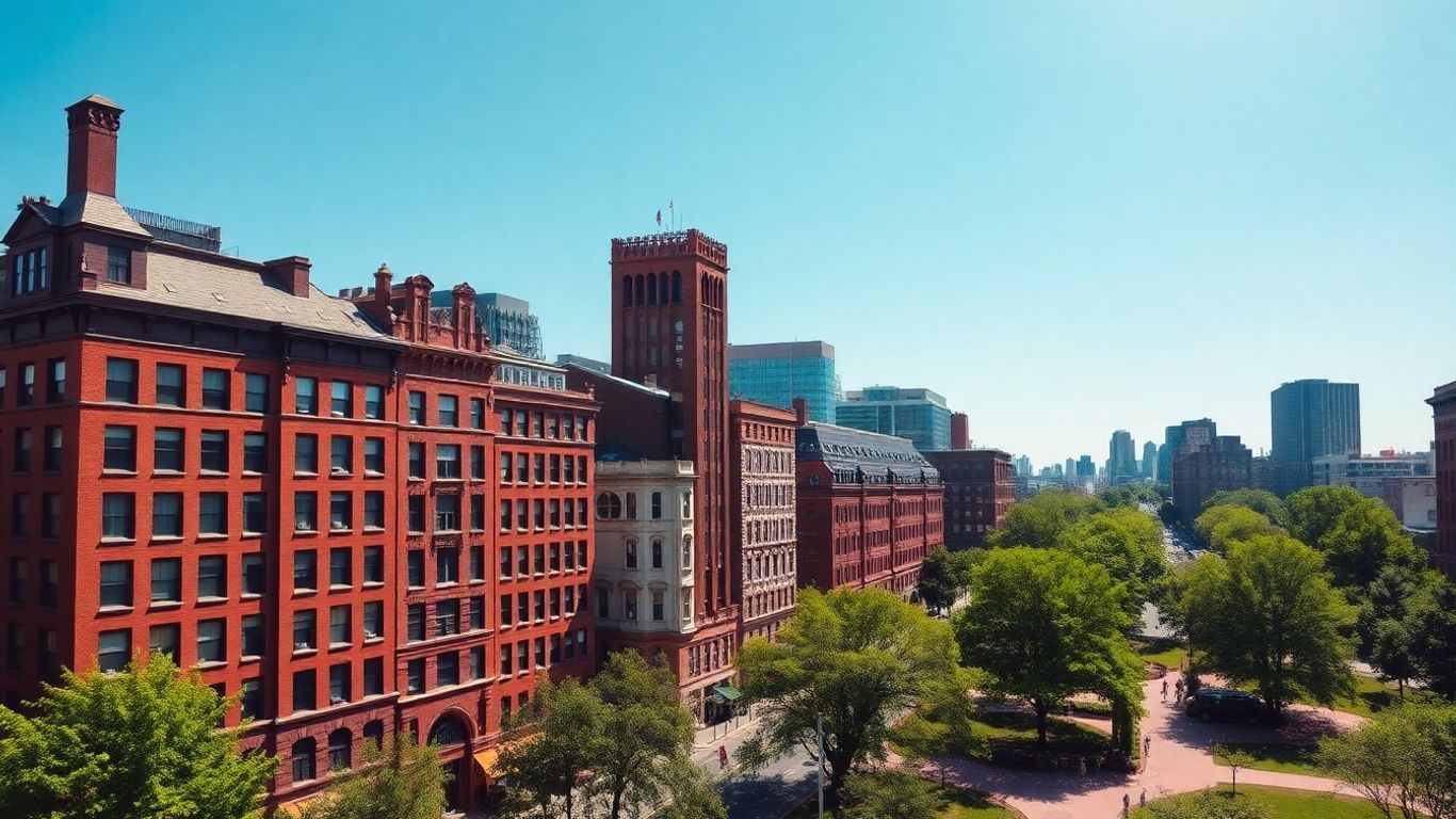 Boston cityscape with historic buildings and parks.