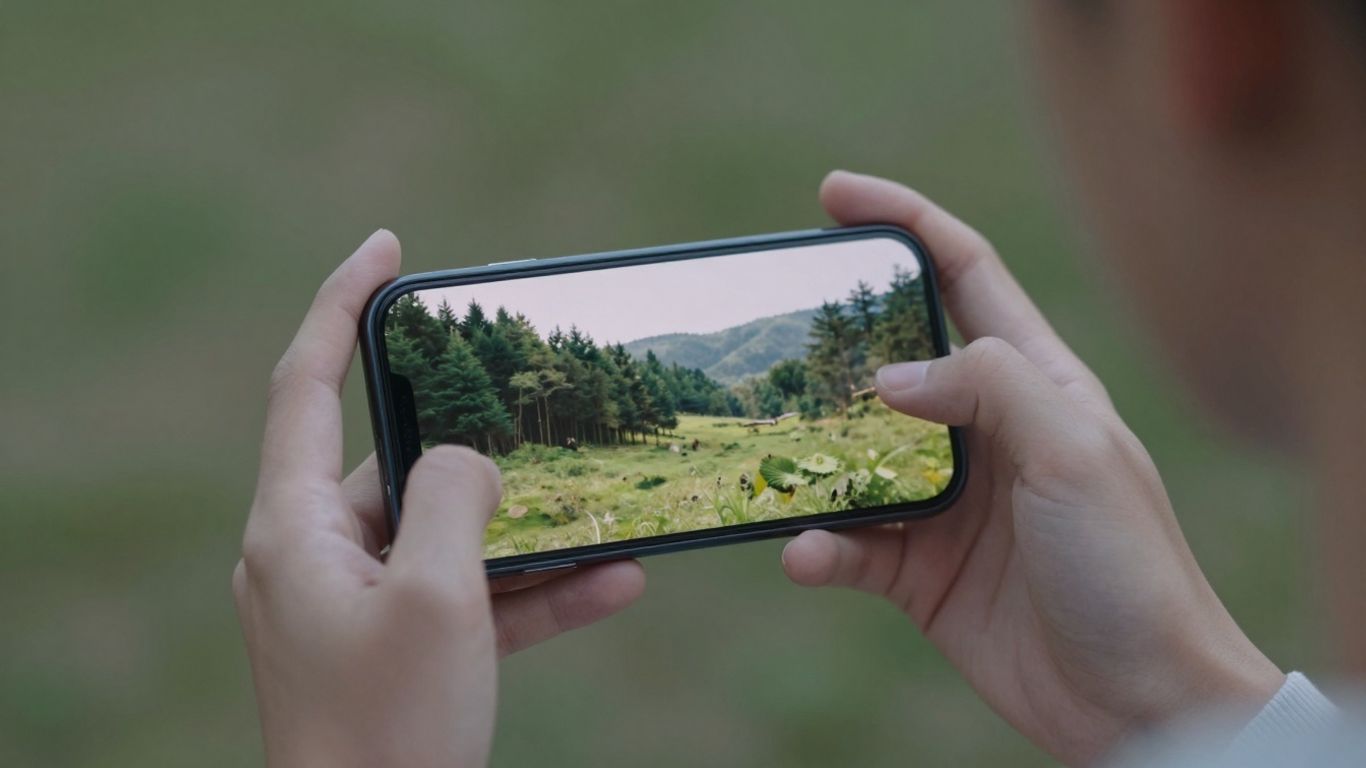 Person holding smartphone with calming nature scene.