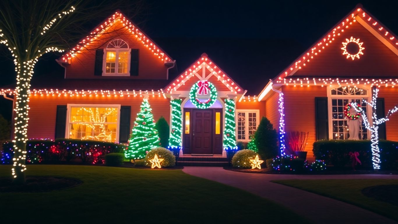 Festively lit house exterior with professional Christmas lights.