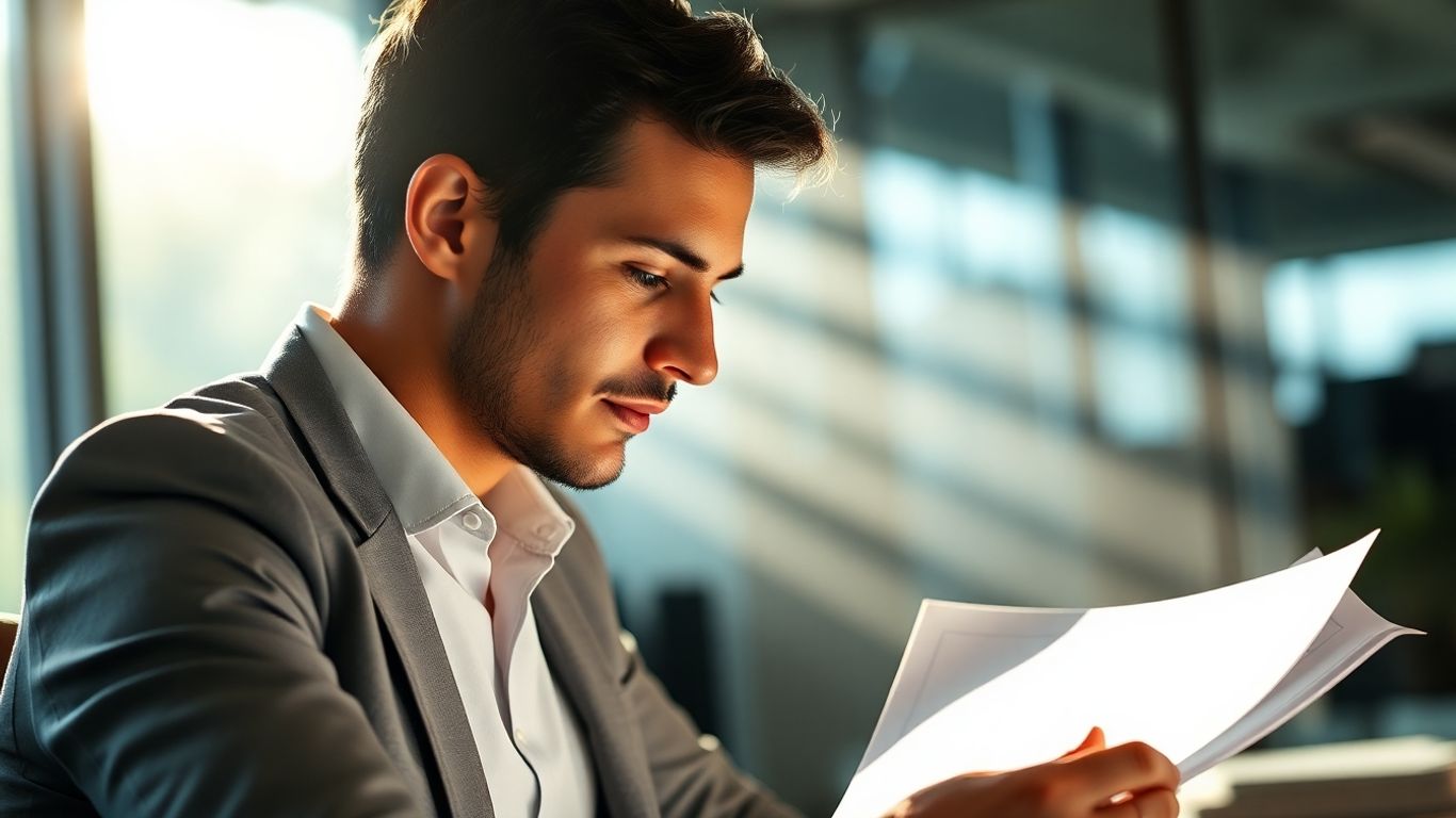 Person reviewing financial documents in a bright office.