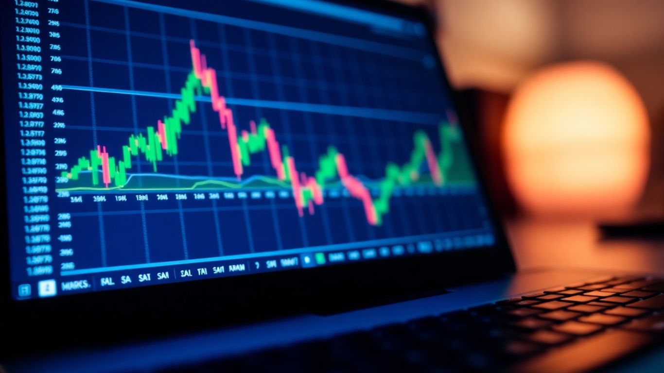 Laptop screen with financial data visualization.