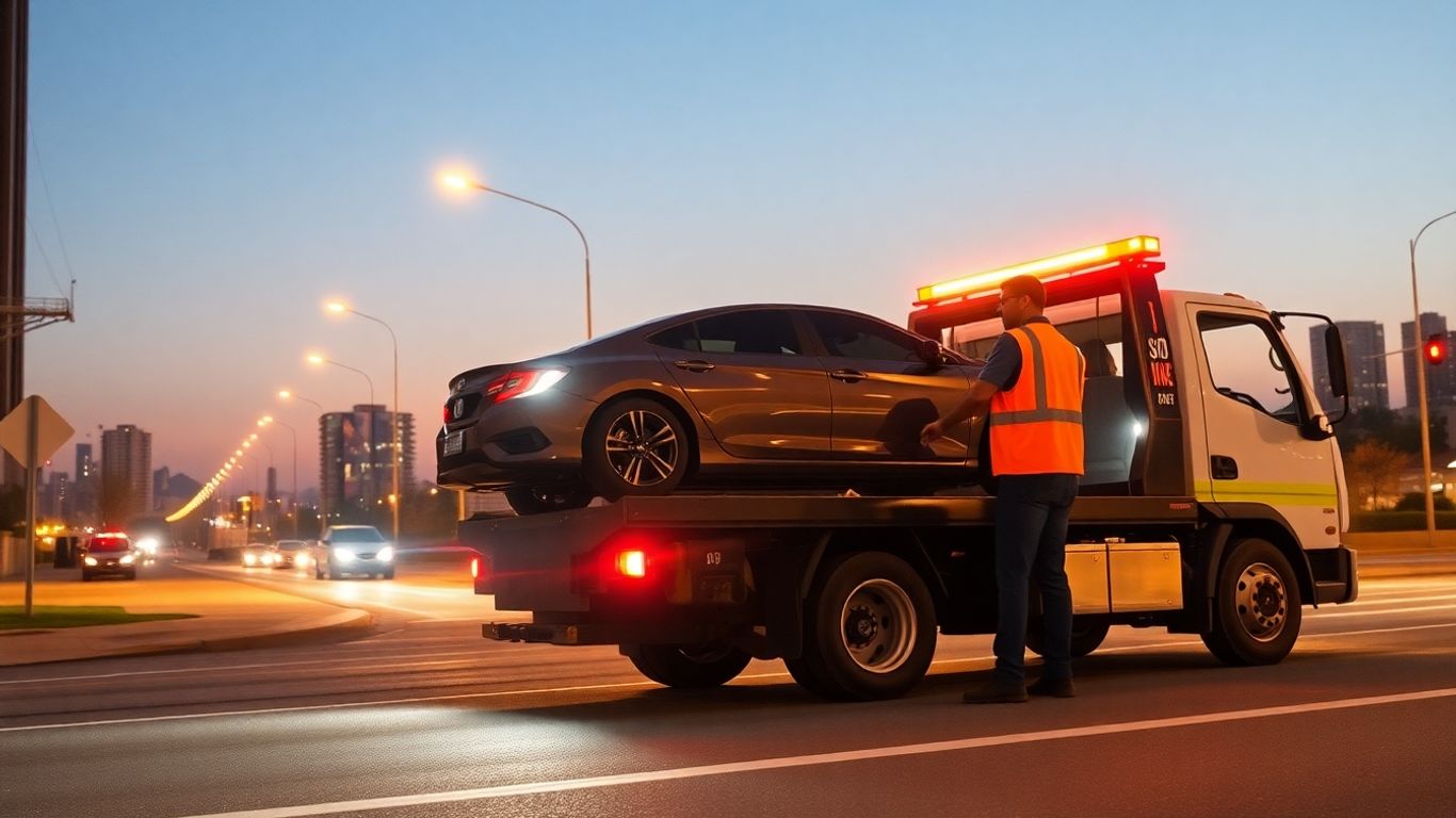 Hyper realistic tow truck loading a car at dusk