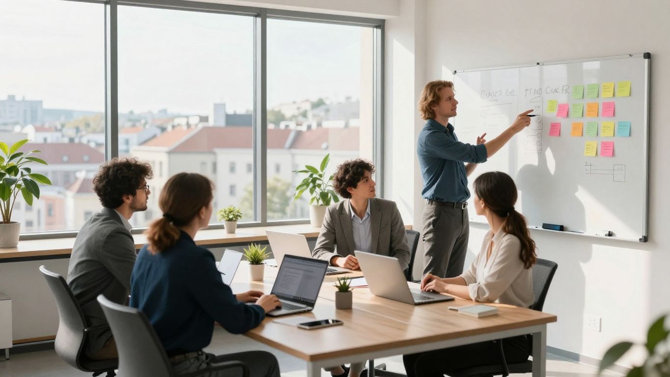 Zagreb marketing agency team collaborating in a bright office.