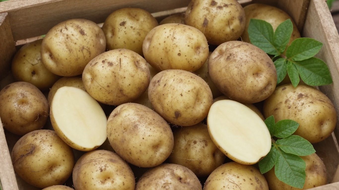 Verse aardappelen in een houten kist met groene bladeren.