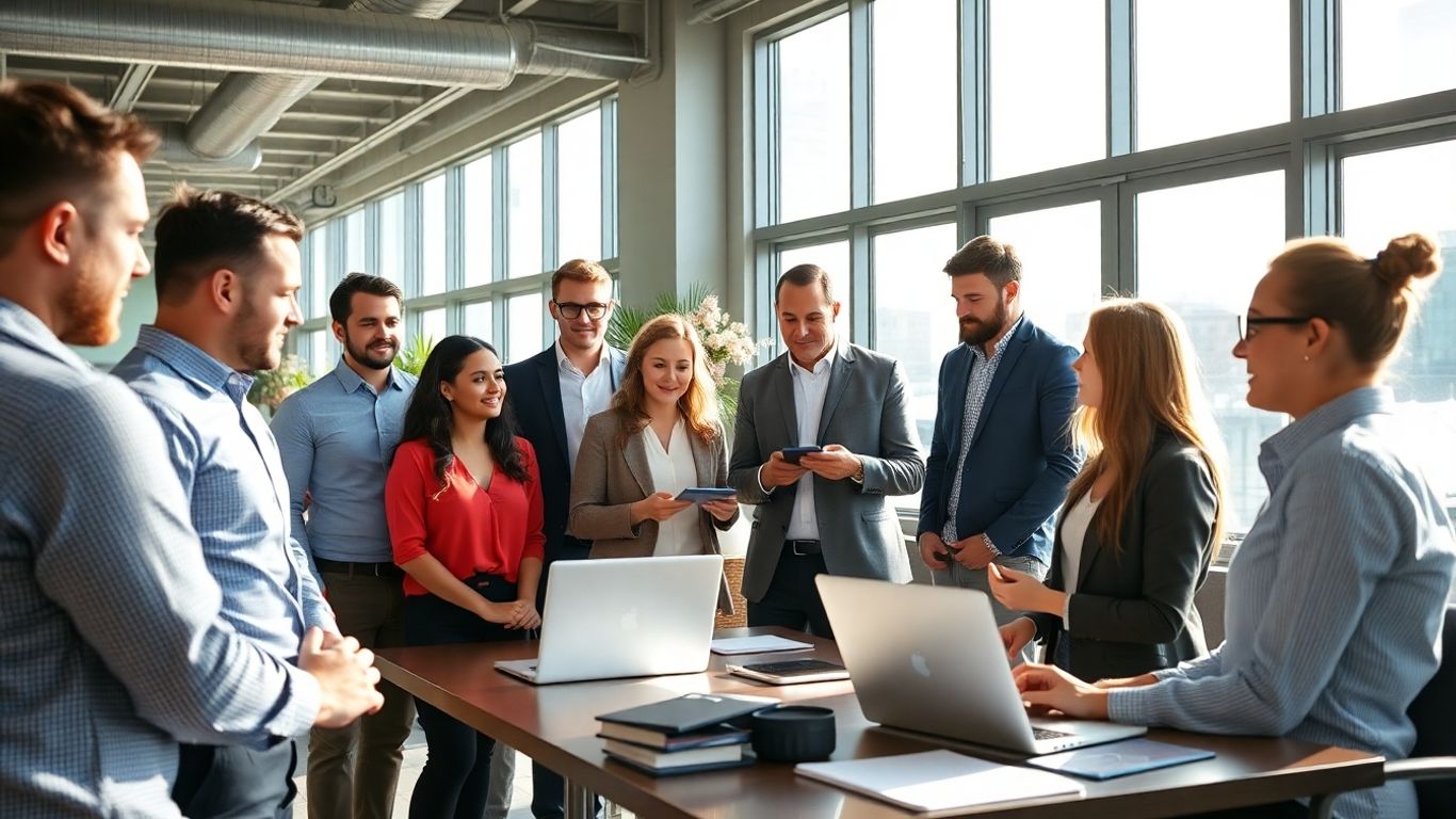 Marketing professionals collaborating in a bright, modern office.