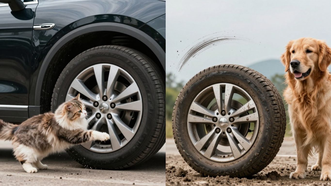 Pet hair and road grime on car hubs.