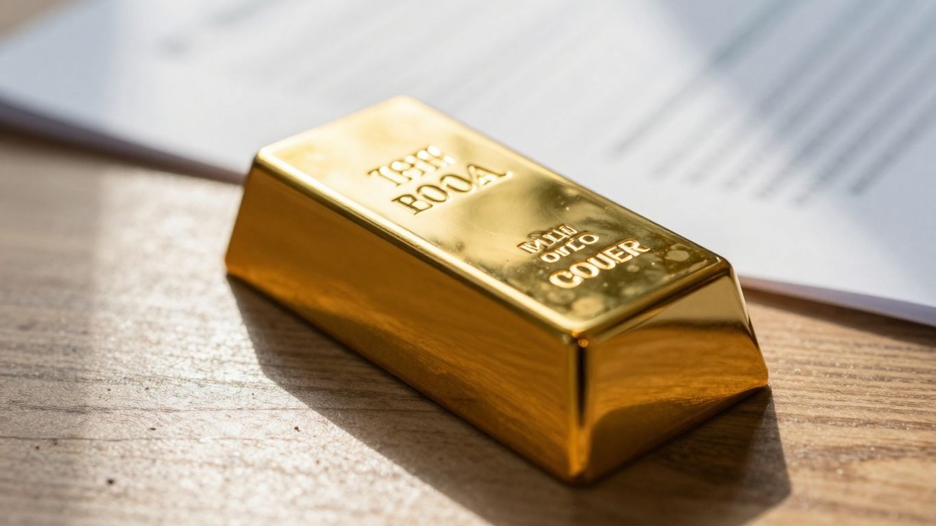 桌上放着金锭和文件。