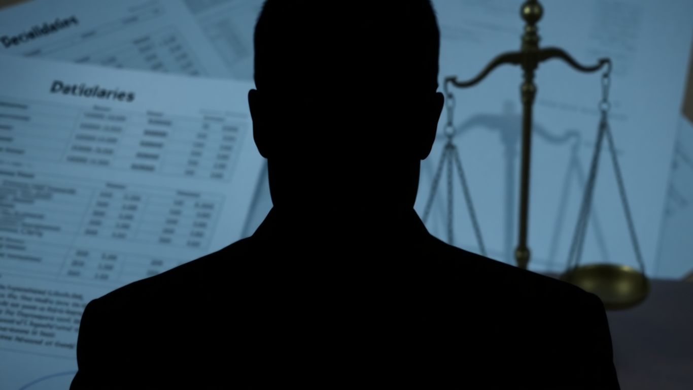 Investigative imagery of a shadowy figure and financial documents.