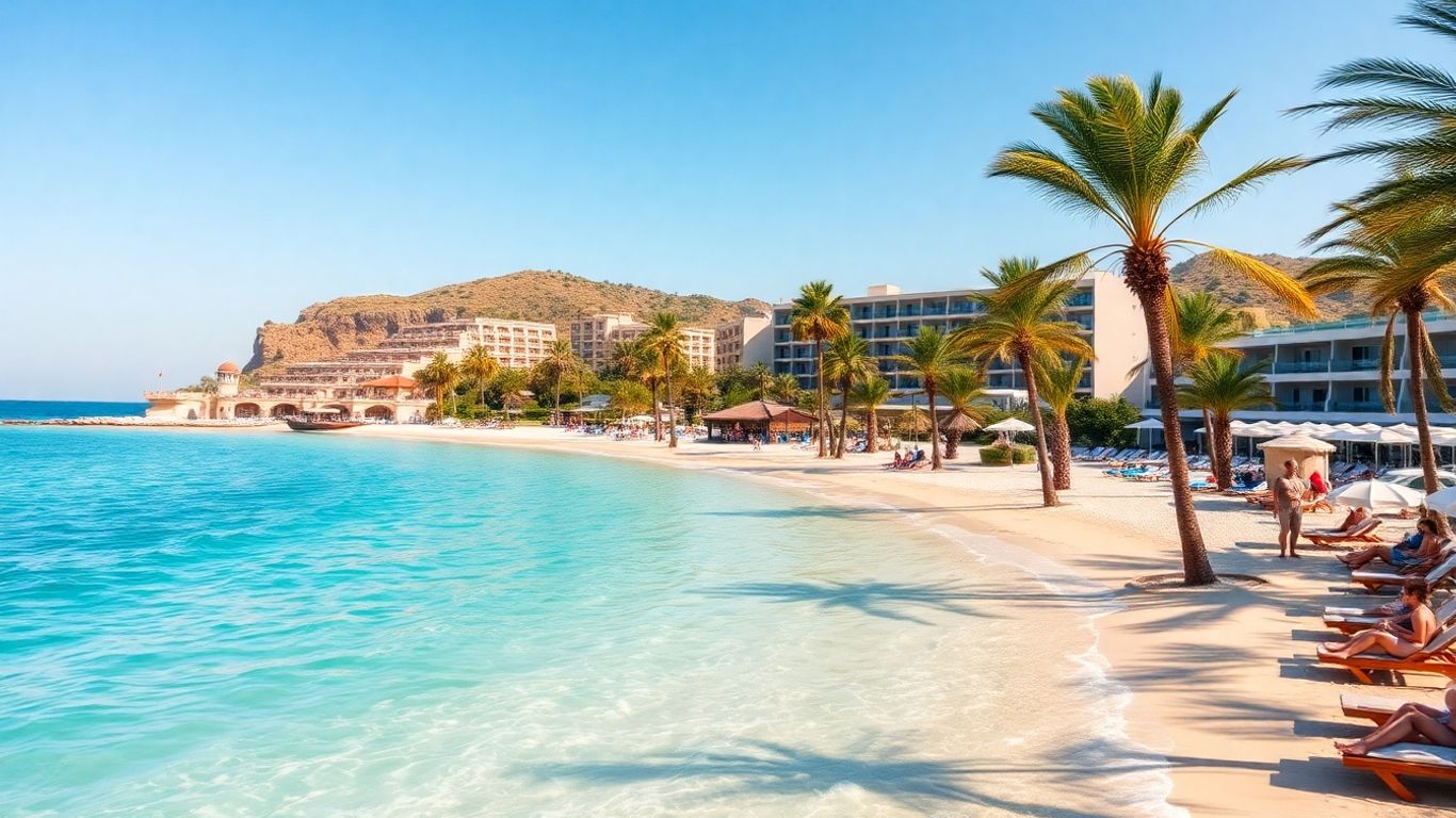 All inclusive Spanish beach resort with palm trees.