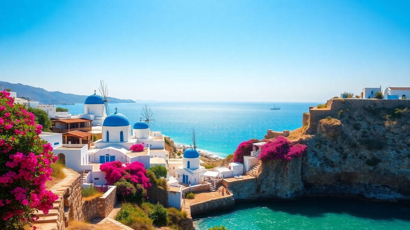 Whitewashed village overlooking the Aegean Sea in Mykonos.