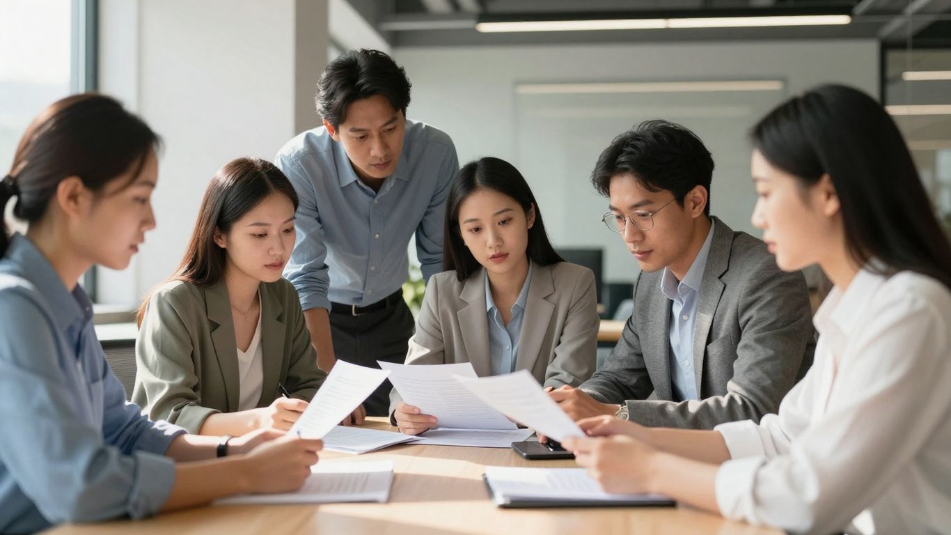 Professionals discussing documents in a modern office.