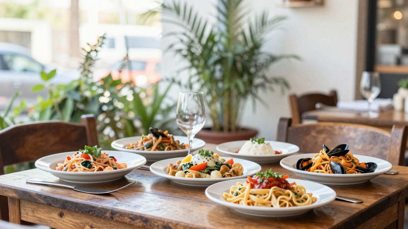 Cozy Italian restaurant interior with pasta and seafood dishes.