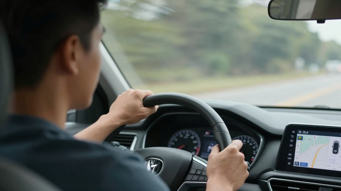 Driver in car with navigation screen visible.