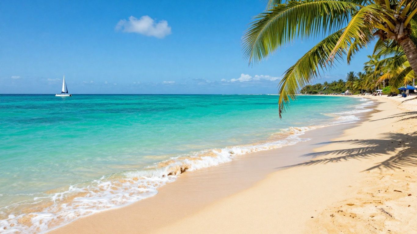 Zonnig strand met helderblauw water en palmbomen.