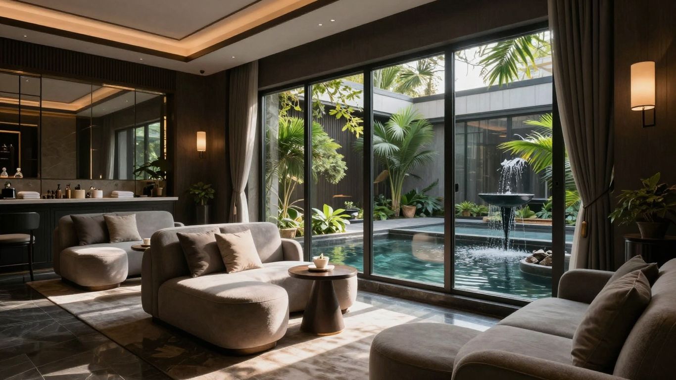 Luxurious spa interior with water features and natural light.