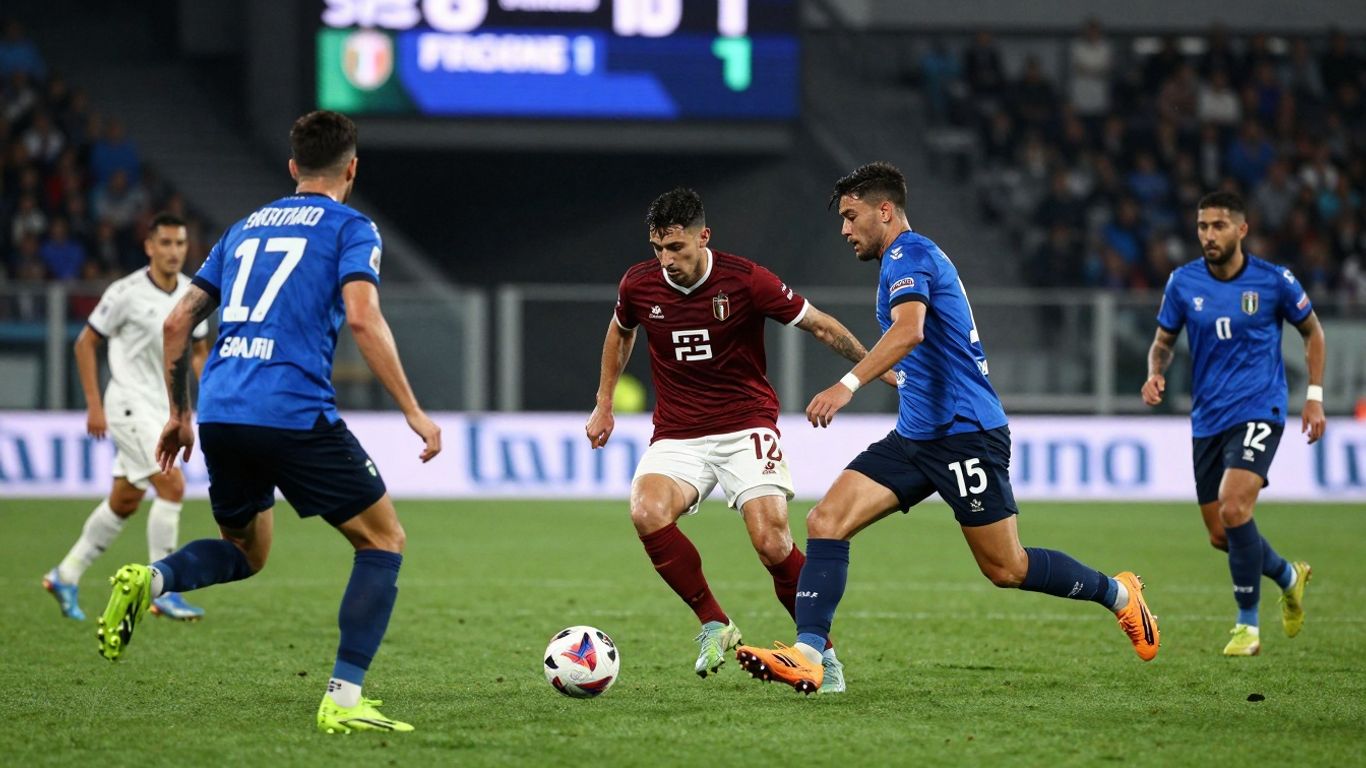 Italian football match action with stadium crowd.