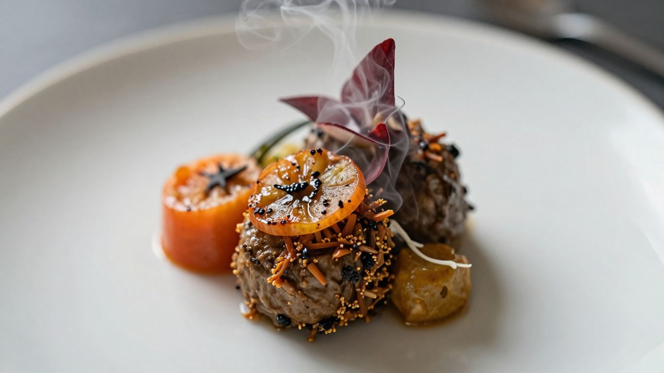 Gourmet food dish with dramatic lighting.