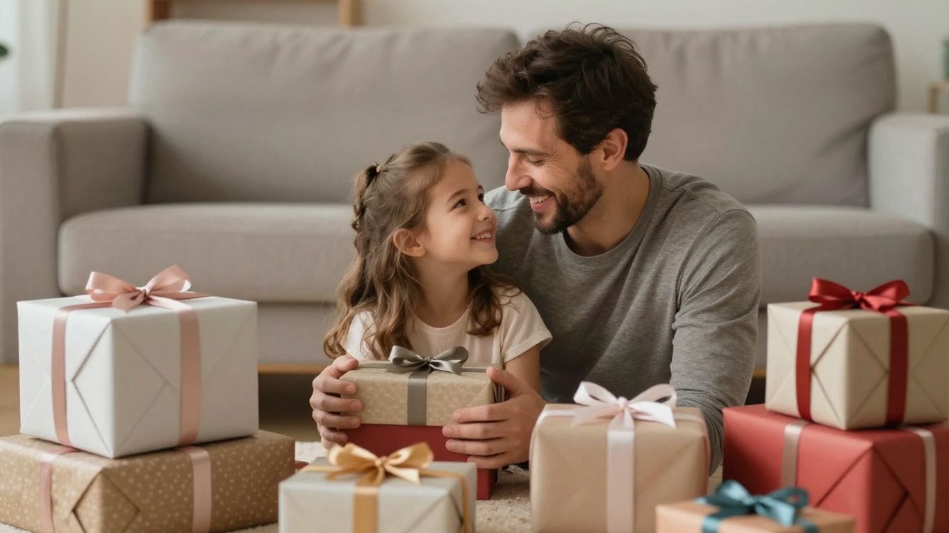 Father and daughter exchanging gifts with smiles.