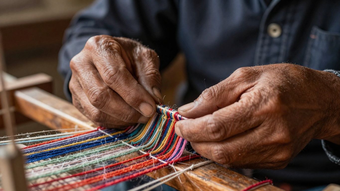 Mâini meșteșugari lucrând la un război de țesut tradițional.