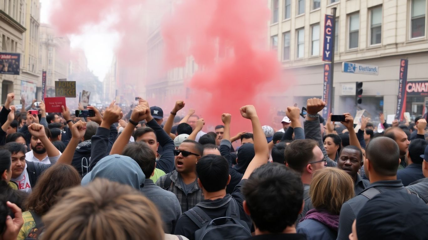 Foule en colère dans la rue avec fumée en arrière-plan