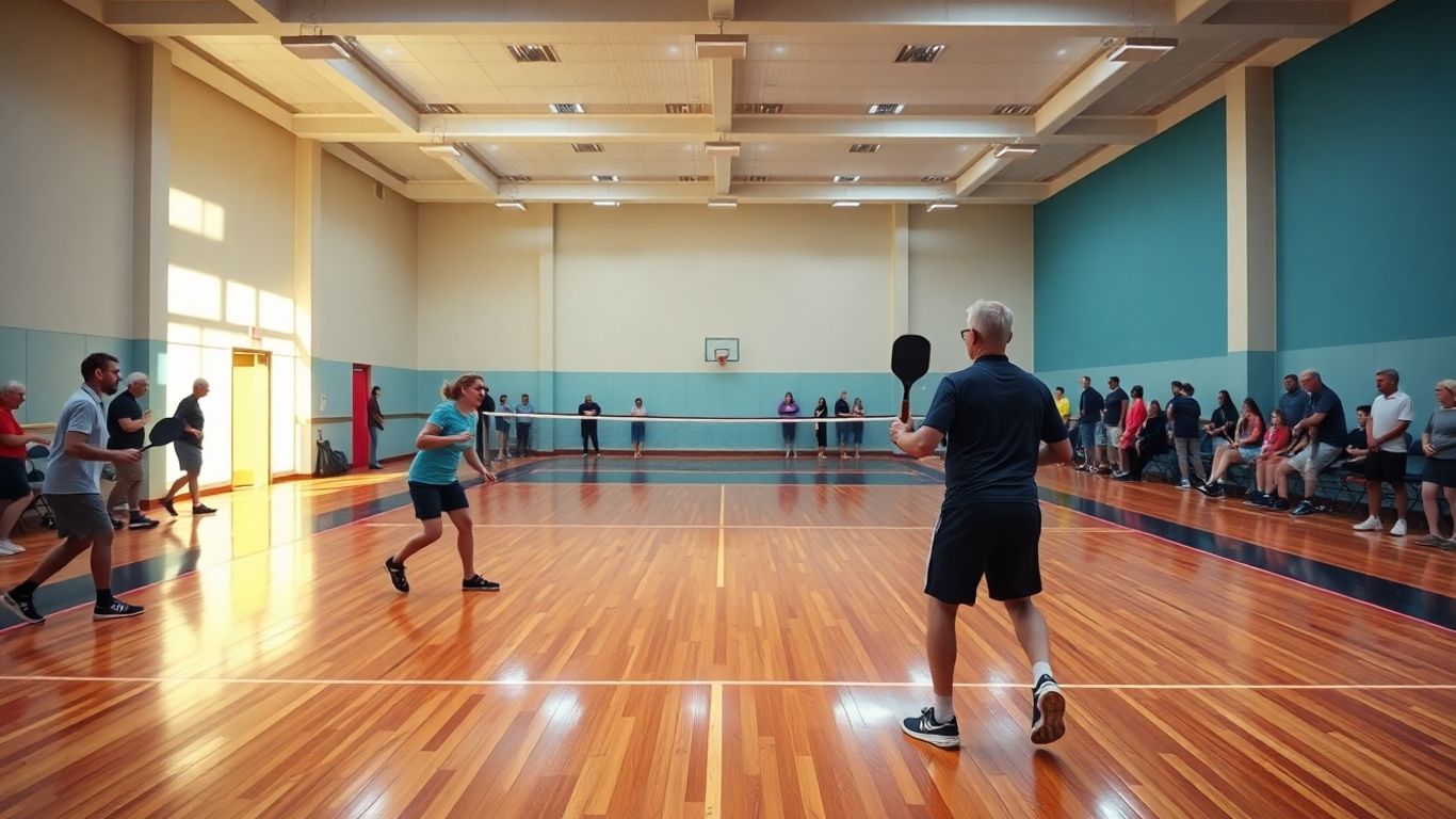 People playing pickleball indoors at lively sports facility