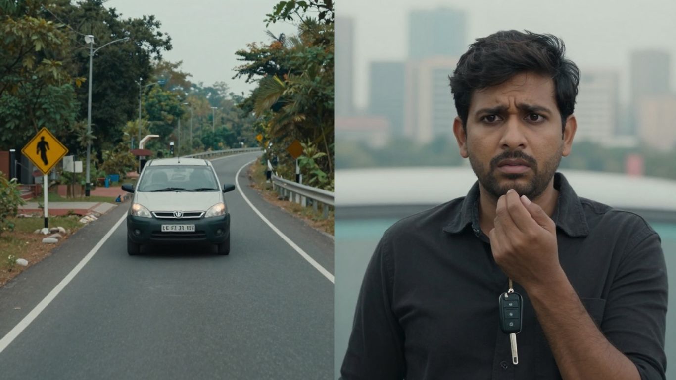 Car on road and concerned driver with keys.