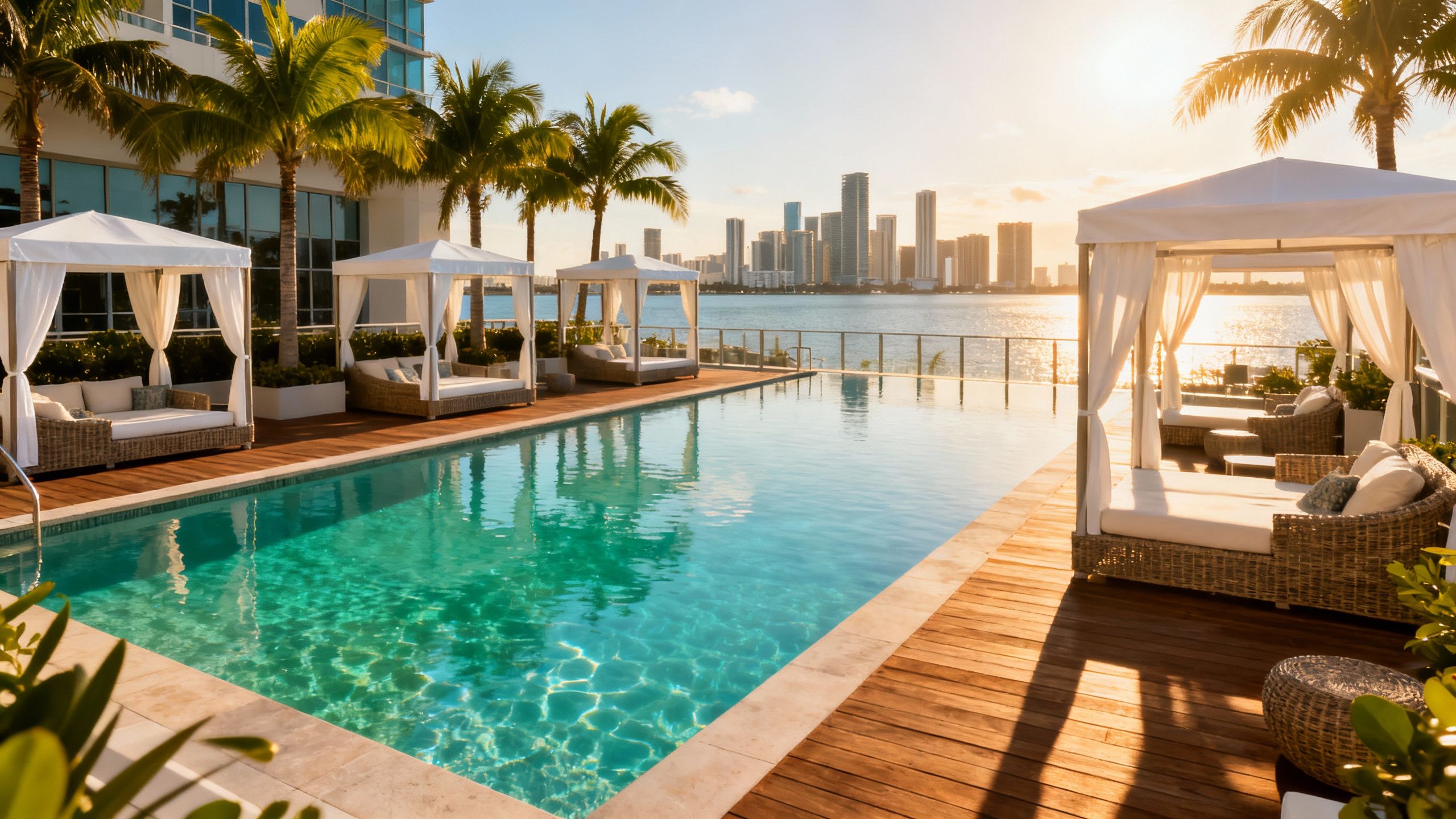 A sunlit rooftop pool and deck area at Waldorf Astoria Residences Miami, overlooking the bay and city, with luxury cabanas and palm landscaping