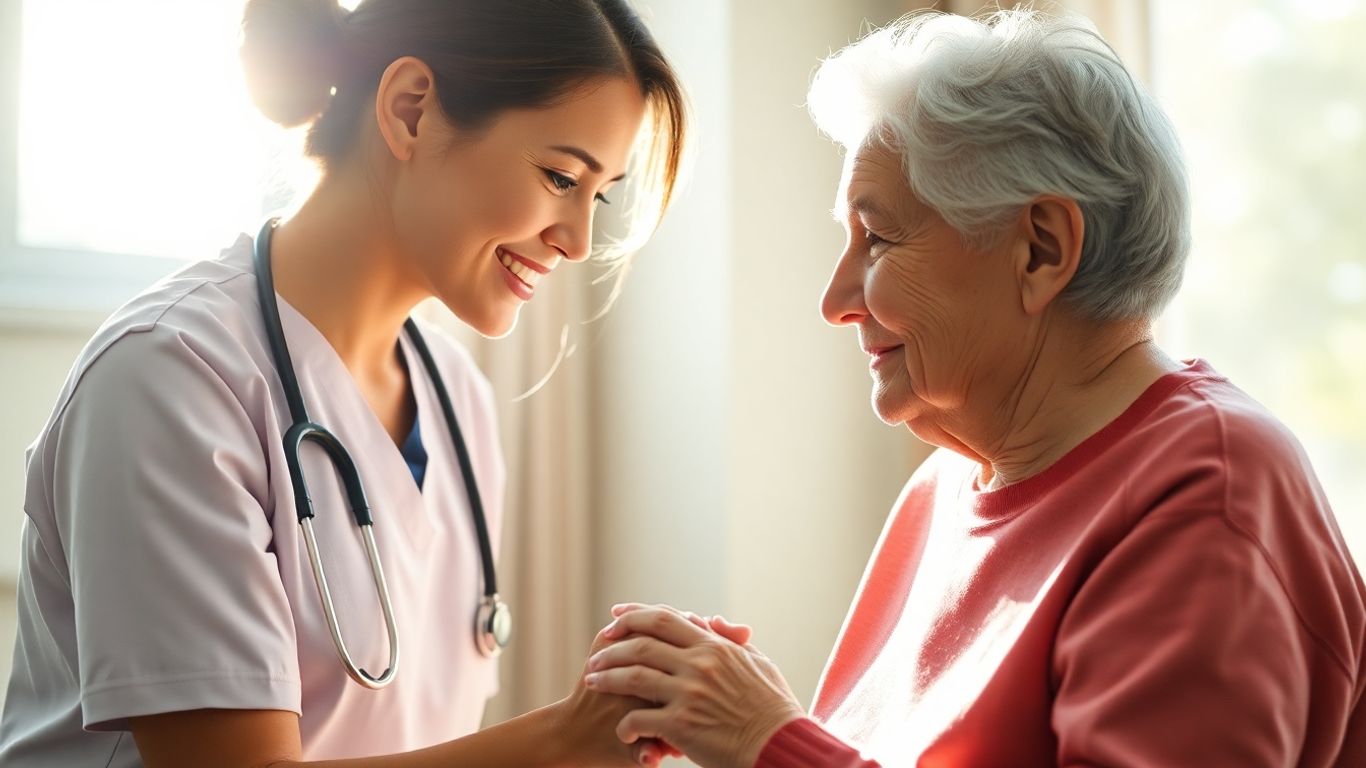 Nurse comforting elderly patient in a sunlit room.