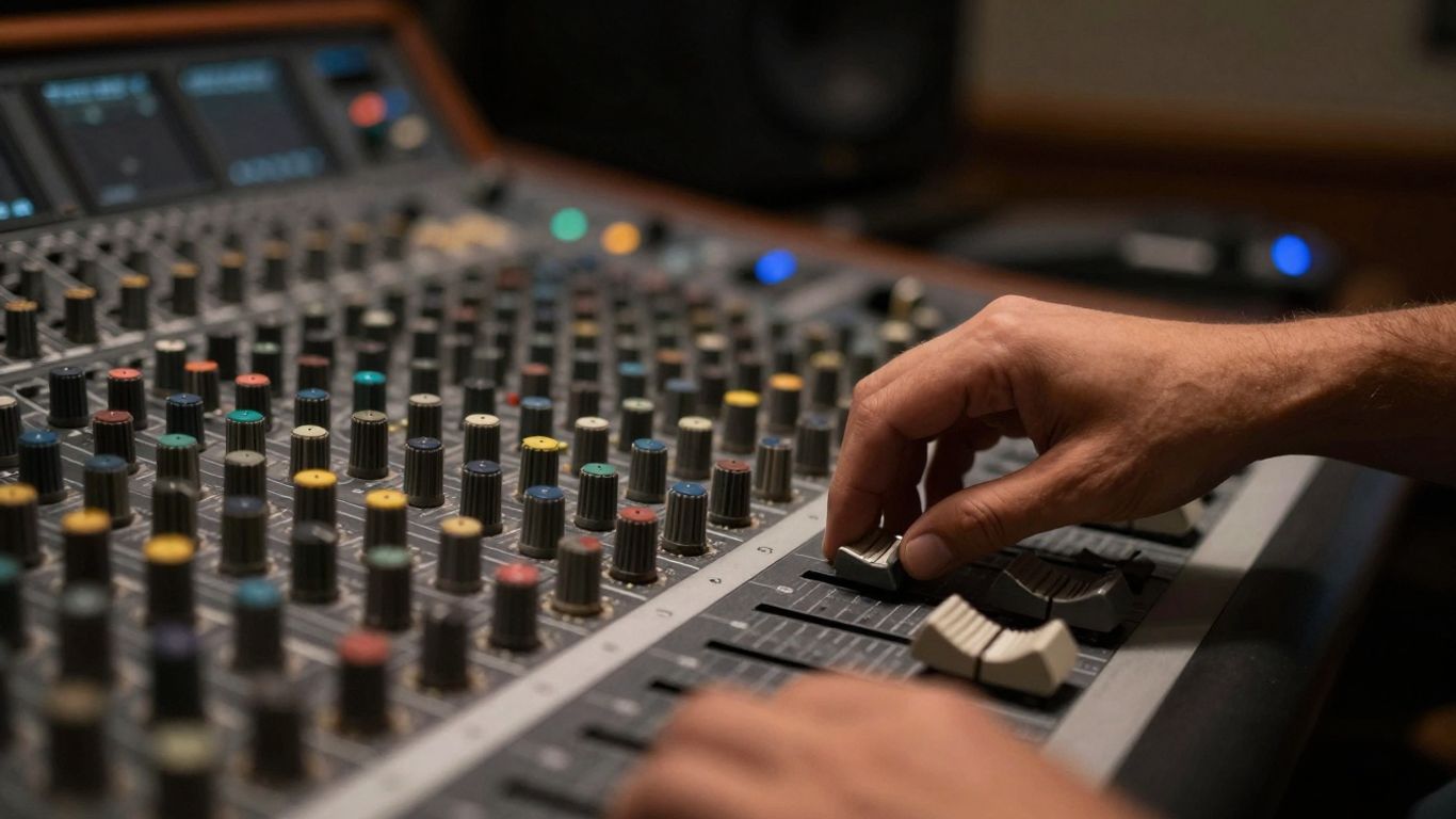 Mixing console with hands adjusting knobs