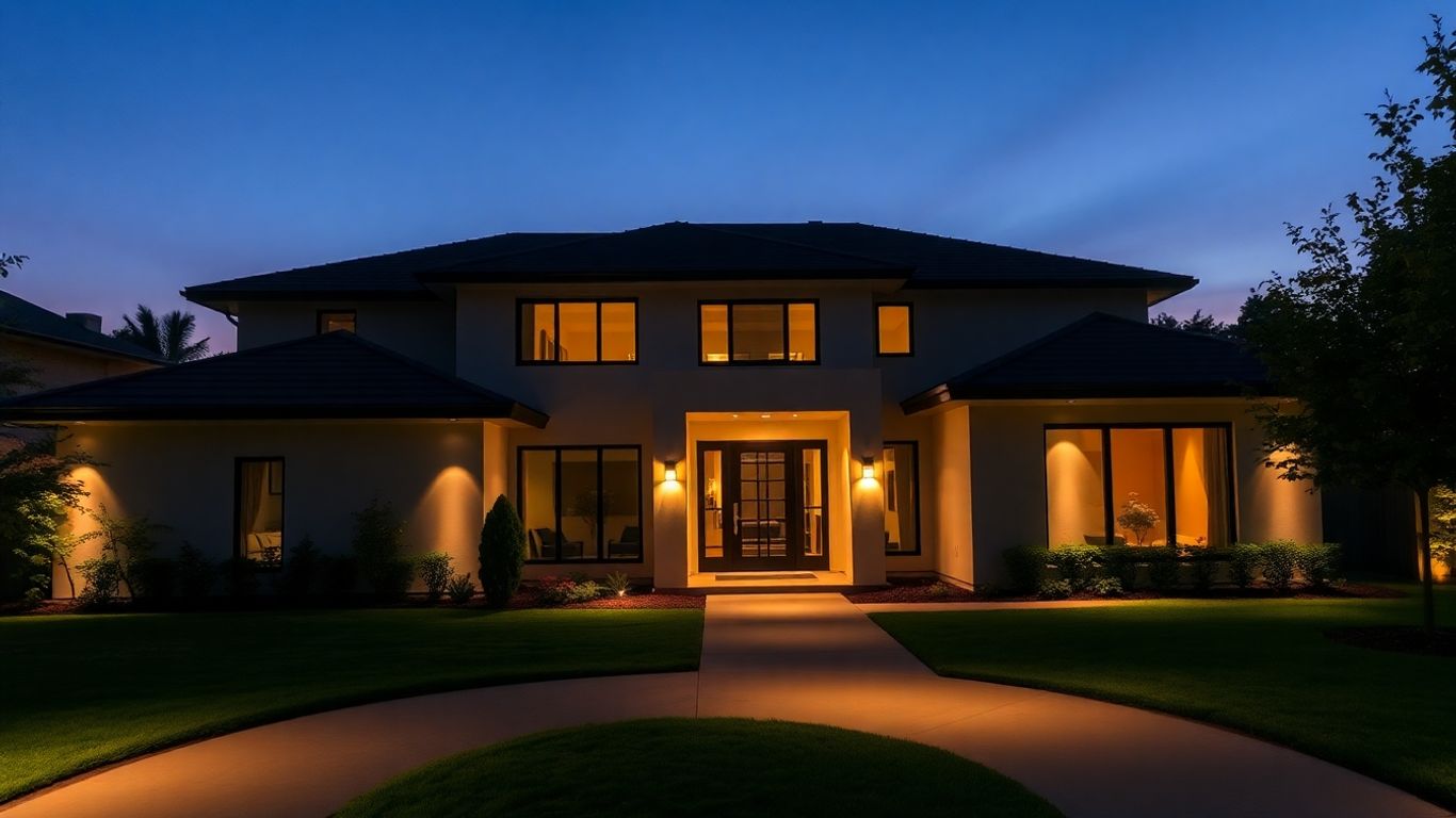 Modern house exterior with warm lighting at dusk.