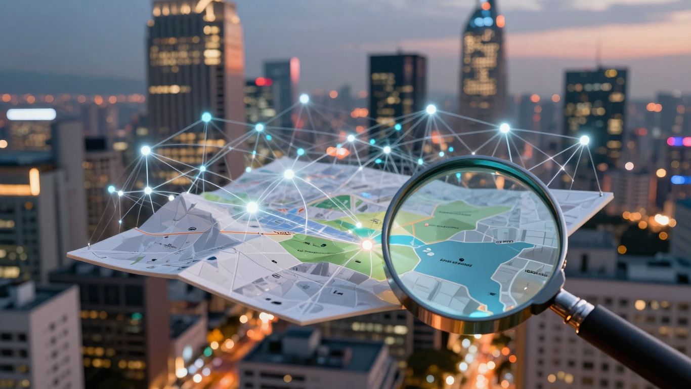 Cityscape with digital connections and magnifying glass over map.