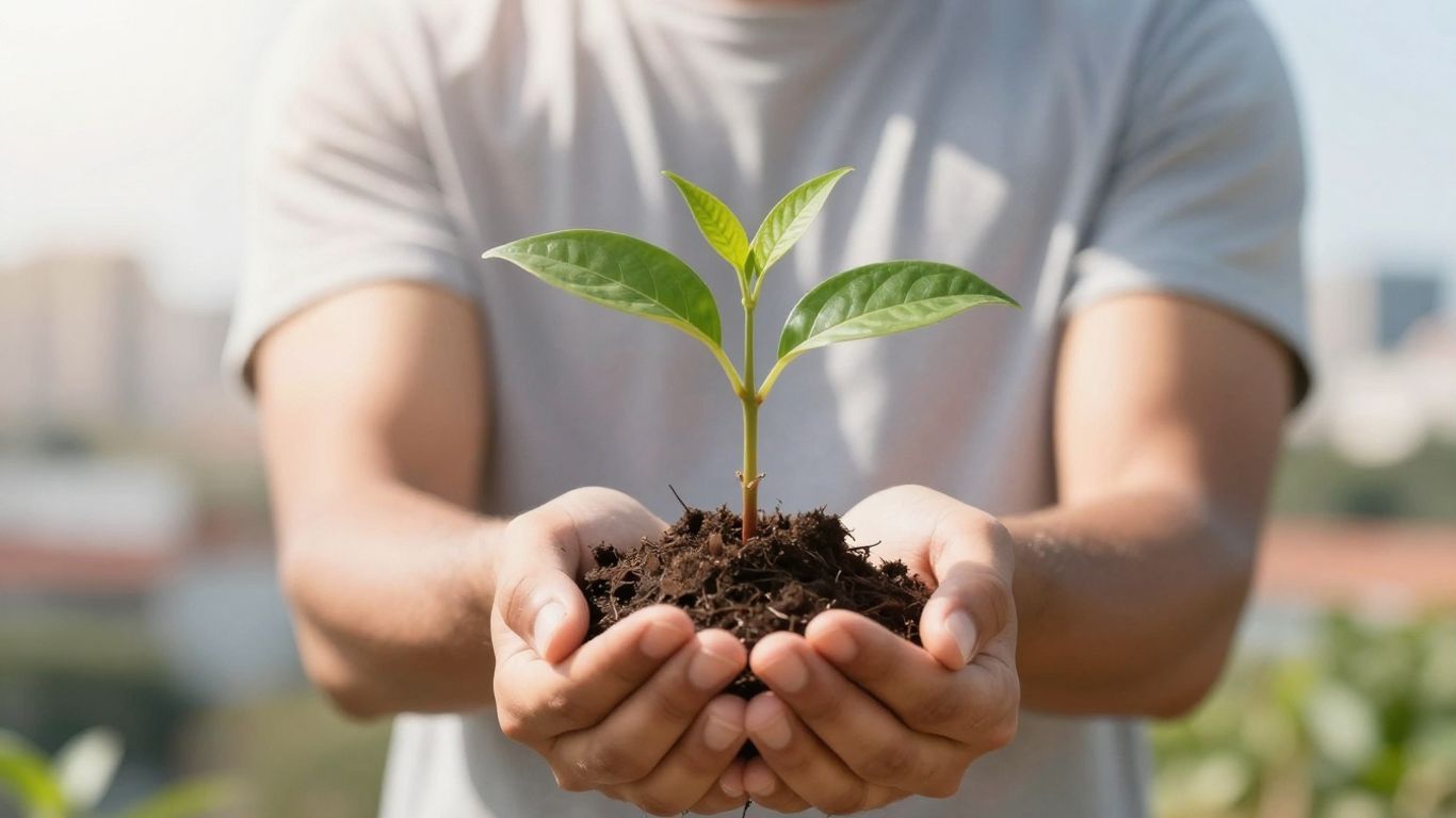 Pessoa segura planta crescendo, com cidade ao fundo.